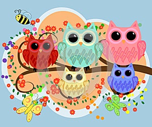 Happy family of owls on flowering tree branches. Daddies, mothers and children, grandparents