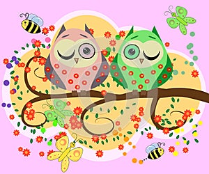Happy family of owls on flowering tree branches. Daddies, mothers and children, grandparents. Spring, summer