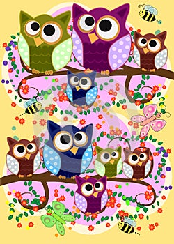 Happy family of owls on flowering tree branches. Daddies, mothers and children, grandparents. Spring, summer, honeymoon