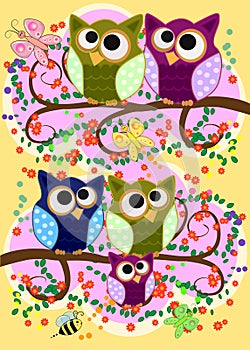 Happy family of owls on flowering tree branches. Daddies, mothers and children, grandparents. Spring, summer, honeymoon