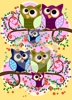 Happy family of owls on flowering tree branches. Daddies, mothers and children, grandparents. Spring, summer, honeymoon