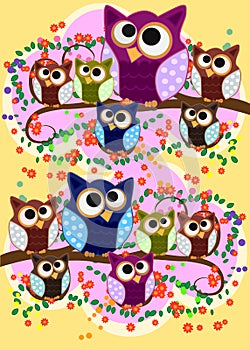 Happy family of owls on flowering tree branches. Daddies, mothers and children, grandparents. Spring, summer, honeymoon