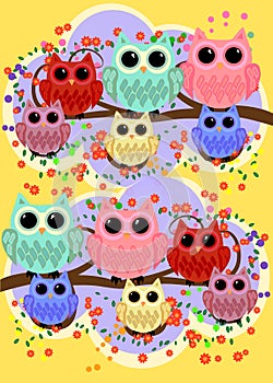 Happy family of owls on flowering tree branches. Daddies, mothers and children, grandparents. Spring, summer, honeymoon