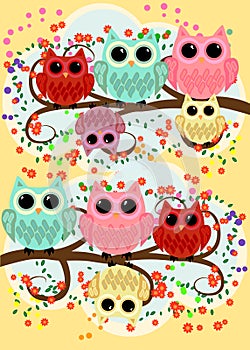 Happy family of owls on flowering tree branches. Daddies, mothers and children, grandparents. Spring, summer, honeymoon