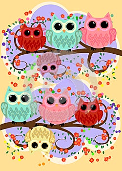 Happy family of owls on flowering tree branches. Daddies, mothers and children, grandparents. Spring, summer, honeymoon