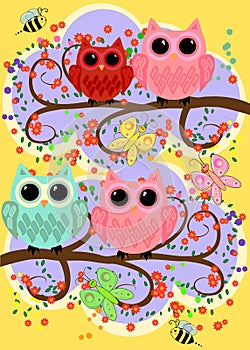 Happy family of owls on flowering tree branches. Daddies, mothers and children, grandparents. Spring, summer, honeymoon