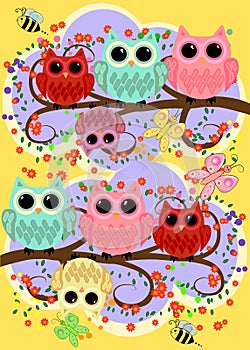 Happy family of owls on flowering tree branches. Daddies, mothers and children, grandparents. Spring, summer, honeymoon