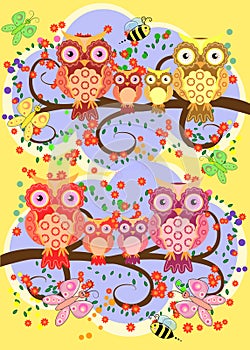 A happy family of owls on flowering tree branches, moms and children. Spring, summer, care. Mothers Day