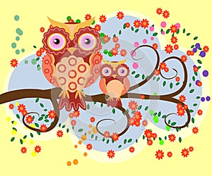 A happy family of owls on flowering tree branches, moms and children. Spring, summer, care. Mothers Day