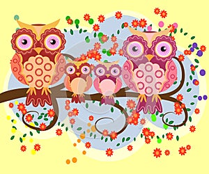 A happy family of owls on flowering tree branches, moms and children. Spring, summer. Mothers Day