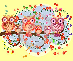 A happy family of owls on flowering tree branches, moms and children. Spring, summer. Mothers Day