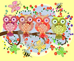 A happy family of owls on flowering tree branches, moms and children. Spring, summer. Mothers Day