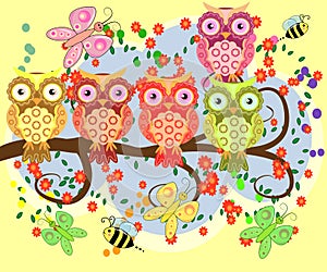 A happy family of owls on flowering tree branches, moms and children. Spring, summer. Mothers Day