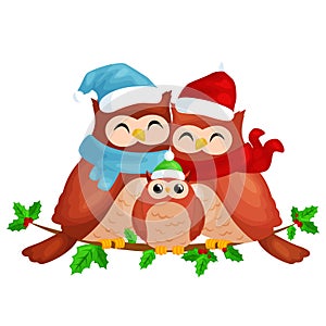 Happy family of owls mom dad and baby in a warm hat and scarf sitting on a branch and enjoys the eve of Christmas and