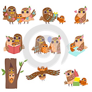 Happy Family of Owls Set, Father, Mother and Their Baby, Cute Cartoon Birds Characters Vector Illustration