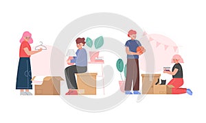 Happy Family Packing Cardboard Box for Relocating or Moving to New Apartment Vector Set