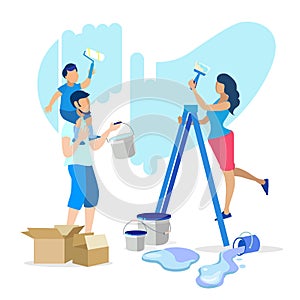Happy Family Painting Walls Together Illustration