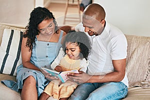 Happy family, parents or child reading story book, cartoon comic books and bonding with mom, dad and relax at home. Love