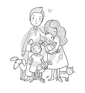 A happy family. Parents with children. Cute cartoon dad, mom, daughter, son and baby. Funny pet cat and dog