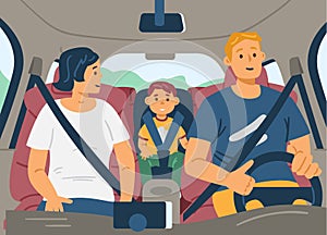 Happy family of parents and son sitting inside car, flat vector illustration.