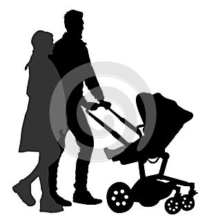 Happy family, parents walking outdoor with baby and pram, silhouette isolated on white background. Baby carriage. Fathers