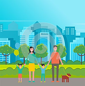 Happy family in the park. Father, mother, son and daughter together in nature vector illustration