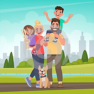 Happy family in the park. Father, mother, son and daughter together in nature. Vector illustration