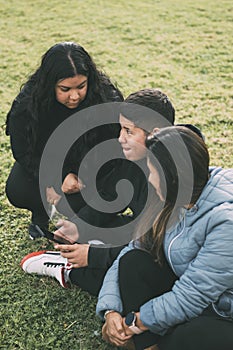 happy family in the park sitting, watching and sharing smartphones photo