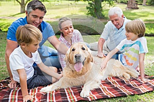 Happy family in the park with their dog