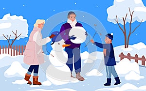 Happy family people build snowman in winter snow scenery, mother, father and child play