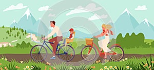 Happy family people ride bikes on path of spring mountain landscape, healthy leisure
