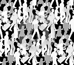Happy family people silhouette black and white seamless pattern