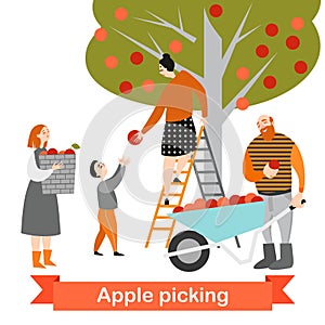 Happy family is picking apples in the garden. Harvest time. Children help their parents on the farm.