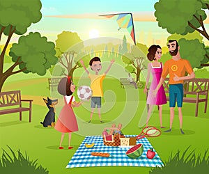 Happy Family Picnic in City Park Cartoon Vector