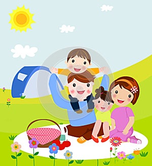 Happy family on a picnic. Dad, mom, son and daughter are resting in nature. Vector illustration in a flat style