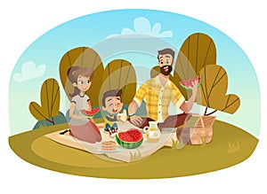 Happy family on a picnic. Dad, mom, son are resting in nature. Vector illustration in a flat style