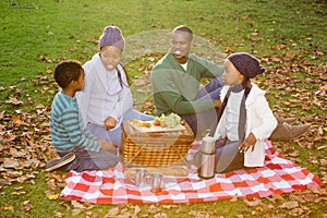 Happy family picnicking in the park together