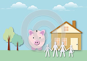 Happy family with piggy bank and house, Concept for financial planning, business investment.