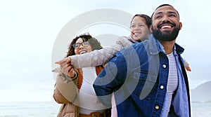 Happy family, piggyback or airplane game by beach, nature or support love to relax on calm holiday. Young man, woman and