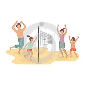 Happy family playing beach volleyball