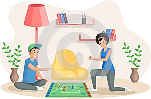 Happy family playing board game at home spend time together. Mother and son have fun with table game