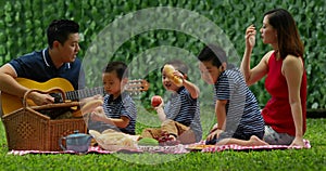 Happy family playing guitar at the park