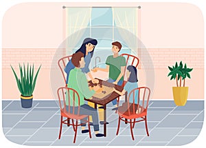 Happy family playing at home together. Puzzle table game, entertainment for parents and children.