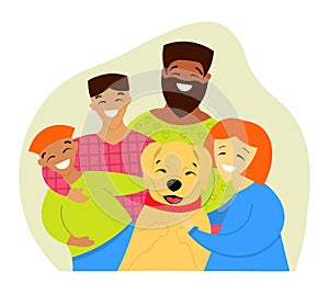 Happy family playing and hugging with a dog. Active holidays with pets. Fashion vector illustration in flat style. Mixed family