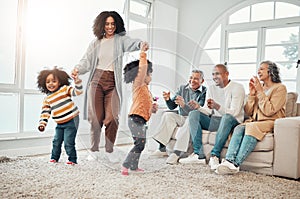 Happy family, playing and mother having fun with children in a home in winter and bonding together in a vacation house