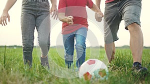 happy family playing soccer with ball in the park. children playing football in the park. happy family a kid dream