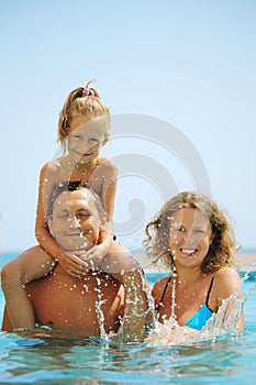 Happy family in pool. Splashing water.