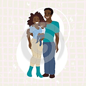 Happy family portrait, African American, black parents. Father and mother hug the child. Vector flat cartoon