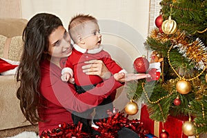 Happy family portrait in christmas decoration, winter holiday co