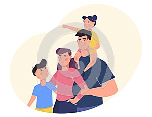 Happy family portrait. Family members standing together. Mother, father and children.Vector illustration of a cartoon style